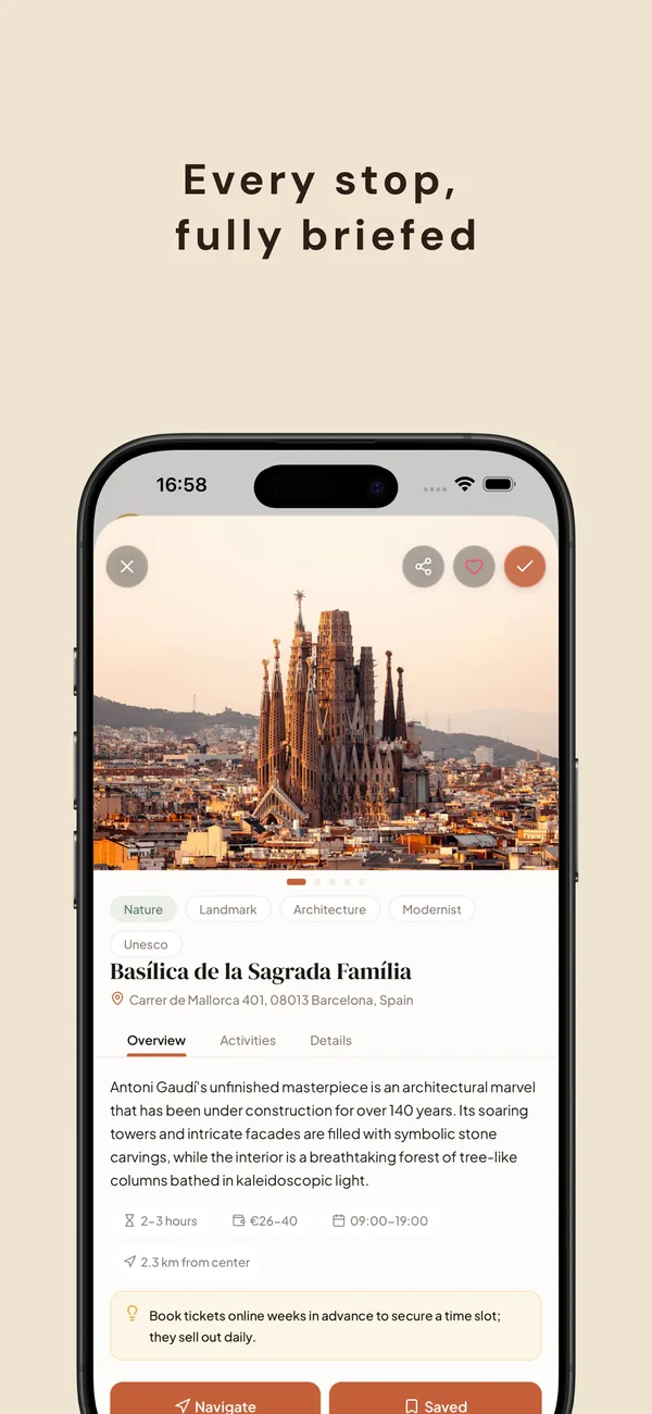 Basilica de la Sagrada Família detail screen with hours, ticket price, duration, distance from center, a tip to book tickets weeks in advance, Navigate and Saved buttons.