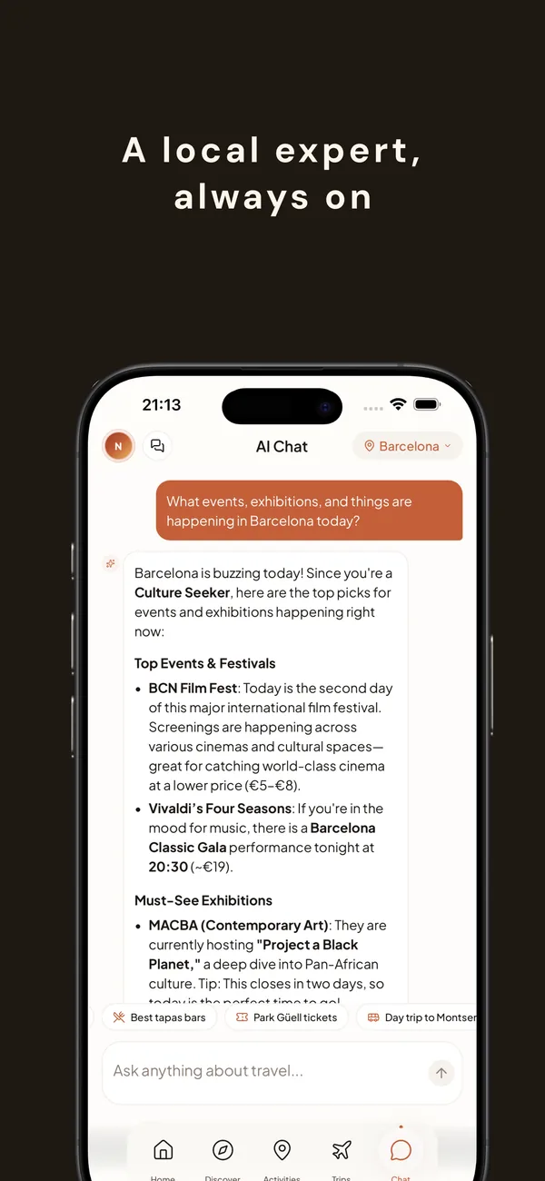 AI Chat asking about events in Barcelona, with curated Top Events, Must-See Exhibitions, and quick-ask chips.