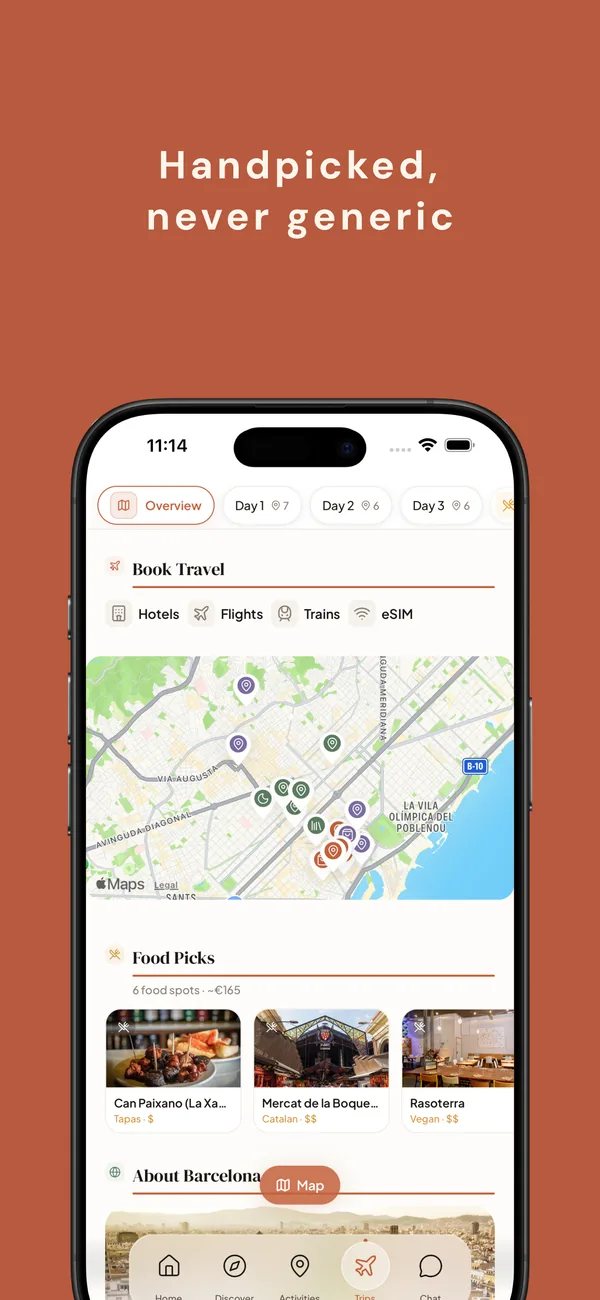 Book Travel panel with Hotels, Flights, Trains, eSIM cards; a mini-map; Food Picks with Cal Pairano, Mercat de la Boqueria, Rasoterra.