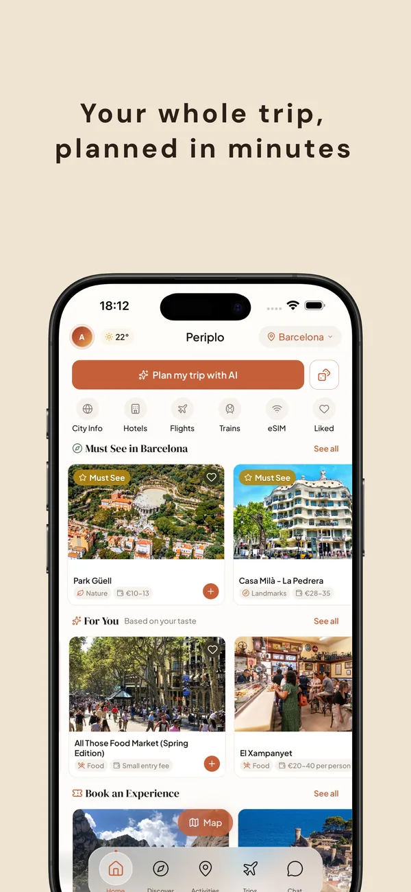 Periplo home screen in Barcelona — 'Plan my trip with AI' button, curated Must-See and For You activity cards, categories for City Info, Hotels, Flights, Trains, eSIM.
