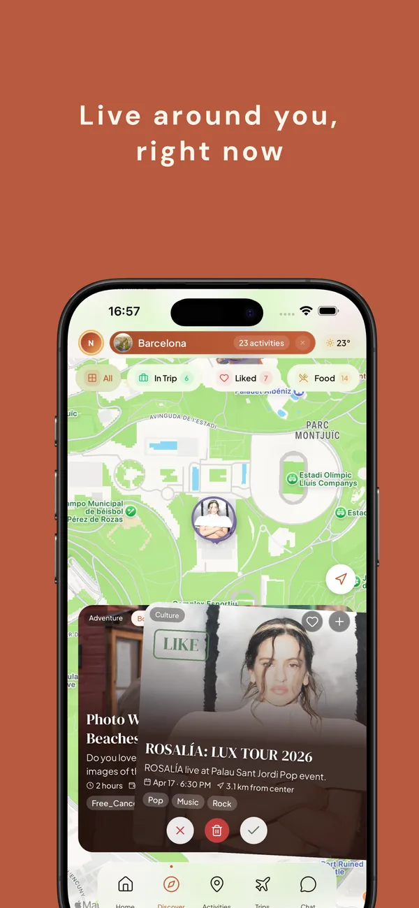 Live events map of Barcelona with music, food, and culture filters and an event card for a Rosalía LUX Tour 2026 concert.
