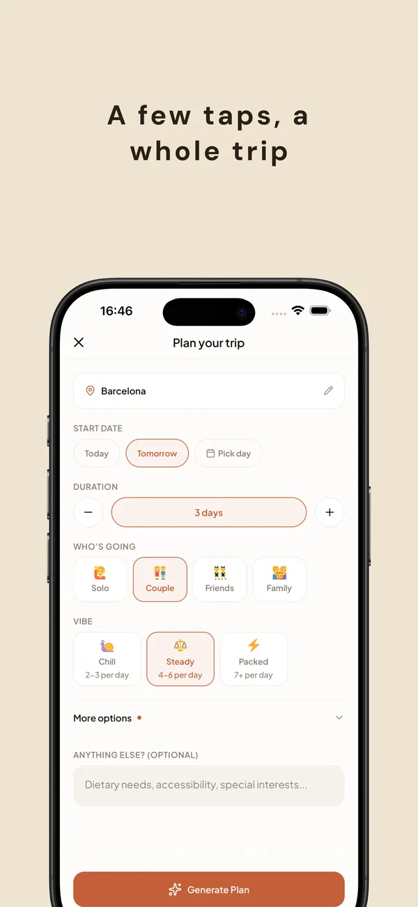 Plan Your Trip screen in Barcelona with Start Date (Tomorrow), Duration (3 days), Who's Going (Couple), Vibe (Steady — 4–6/day), and 'Generate Plan' button.