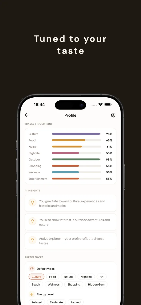 Travel Fingerprint screen showing a user's taste profile — Culture, Food, Music, Nightlife, Outdoor, Shopping, Wellness, Entertainment percentages — with AI insights and default vibes.
