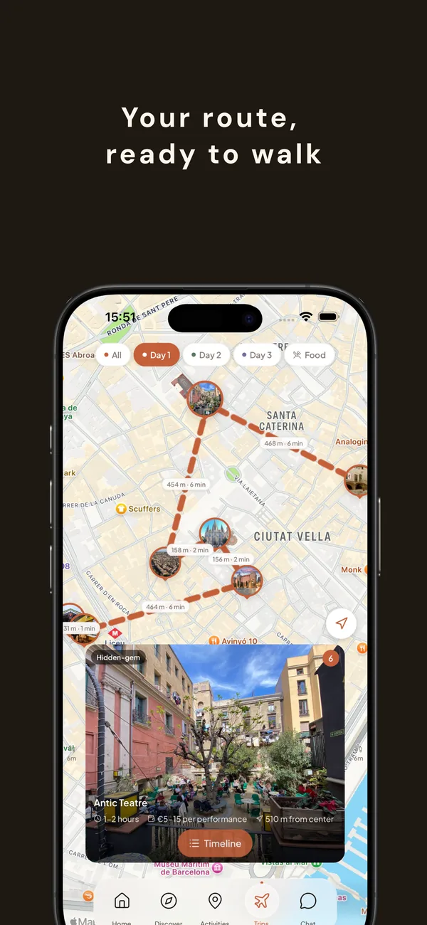 Day-by-day map of Barcelona's Ciutat Vella with a dashed walking route connecting activities, an Antic Teatre card with distance and time from center.