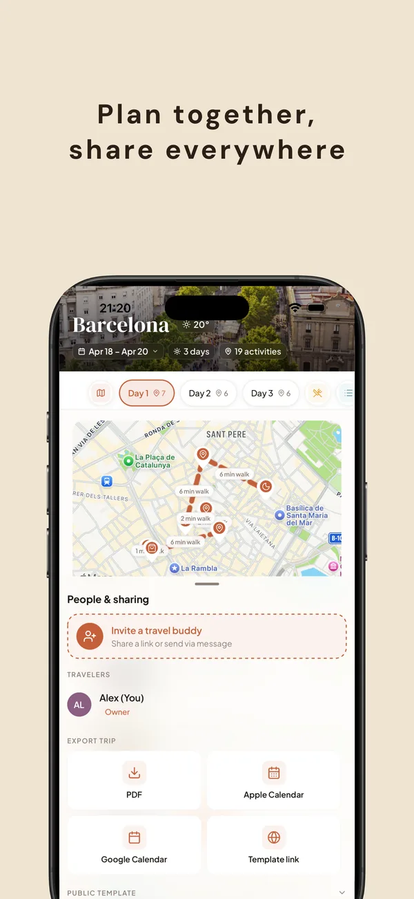 People & Sharing section with an 'Invite a travel buddy' link, owner Alex, and Export buttons for PDF, Apple Calendar, Google Calendar, and Template link.