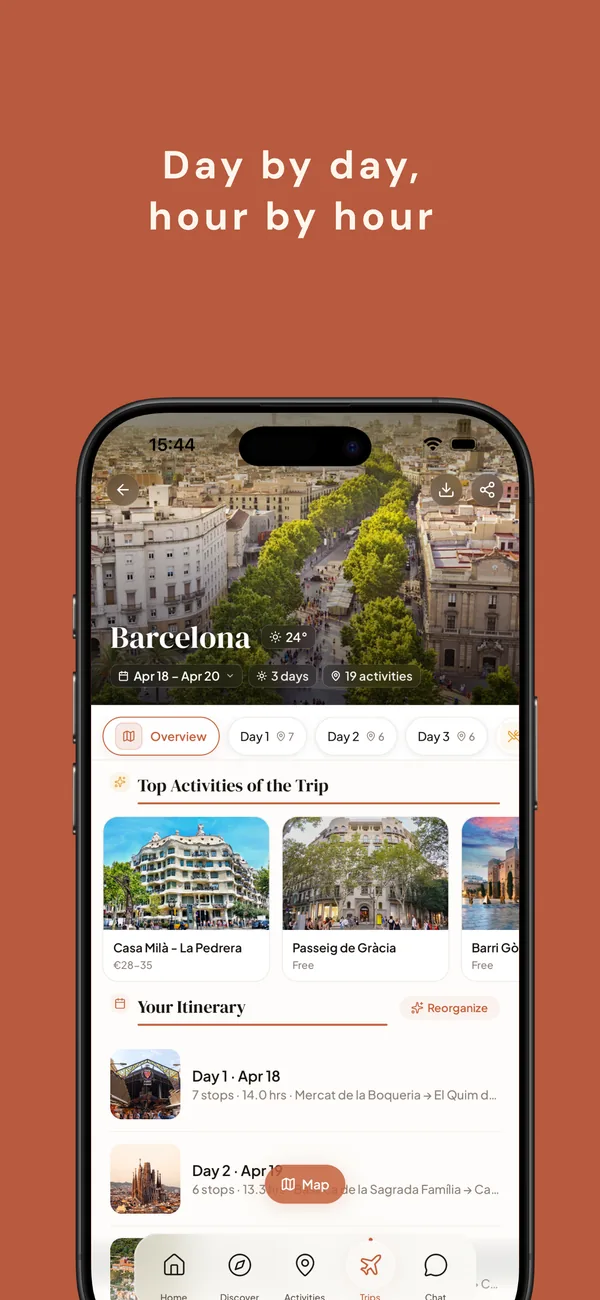 Barcelona trip detail showing Day 1–3 tabs, Top Activities including Casa Milà and Passeig de Gràcia, and a full day-by-day itinerary.
